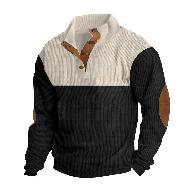 Herren nan rustikaler gerippter Pullover mit Henley-Kragen und lederartigen Ellbogenbesätzen Drune