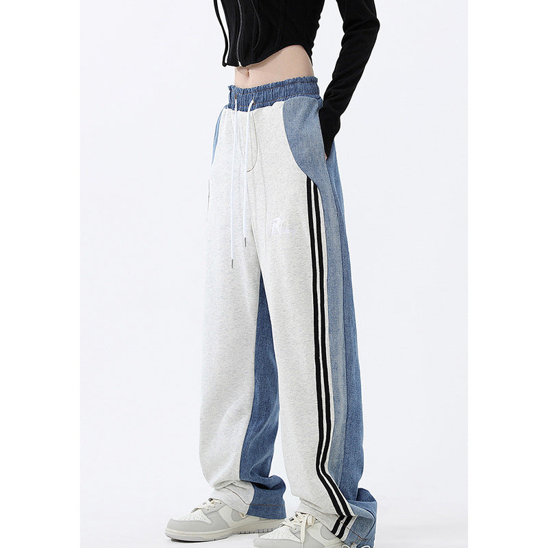 Damen nan weite Jogginghose mit Denim-Einsätzen, elastischem Bund und seitlichen Kontraststreifen Drune