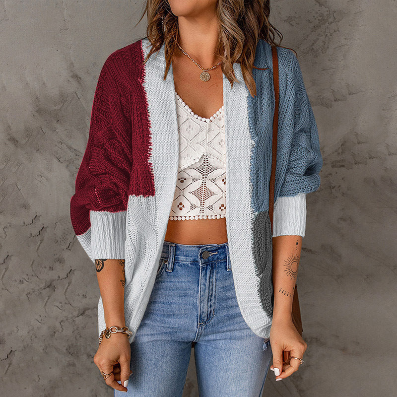 Damen nan lässige Strickjacke im Patchwork-Stil mit offener Front und 3/4-Ärmeln Drune