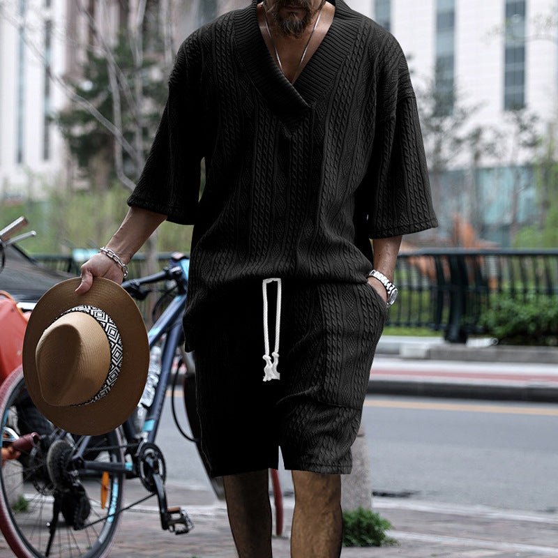 Herren nan lässiges Strick-Set mit V-Ausschnitt, Kurzarm-Oversize und Kordelshorts Drune