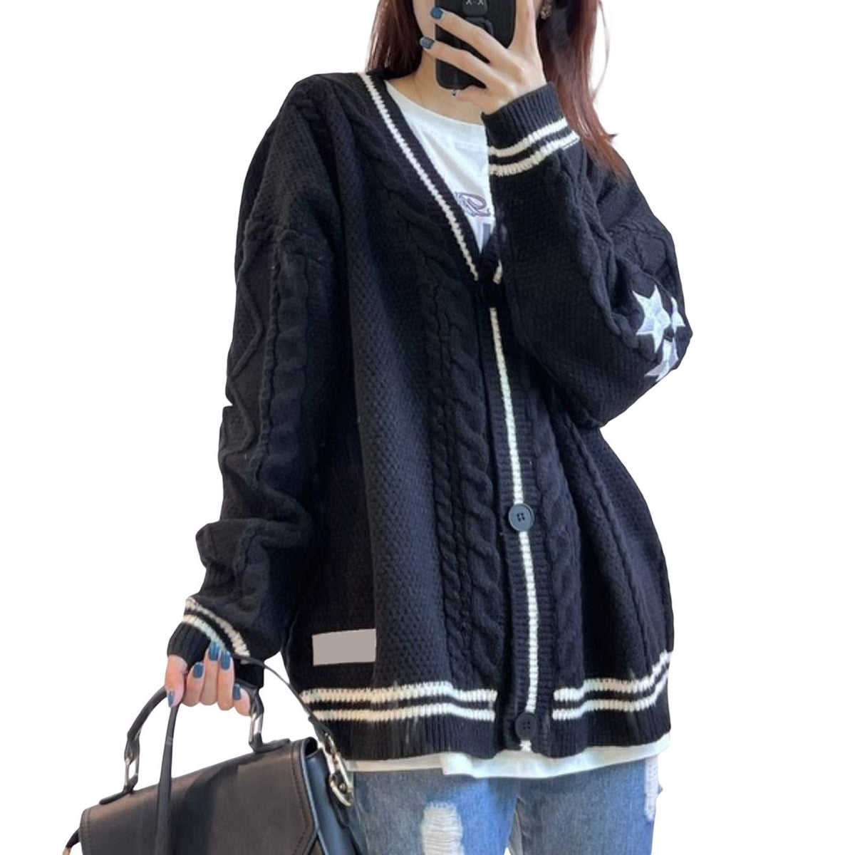Damen nan oversized Zopfstrick Cardigan mit V-Ausschnitt und kontrastierenden Strickkanten Drune