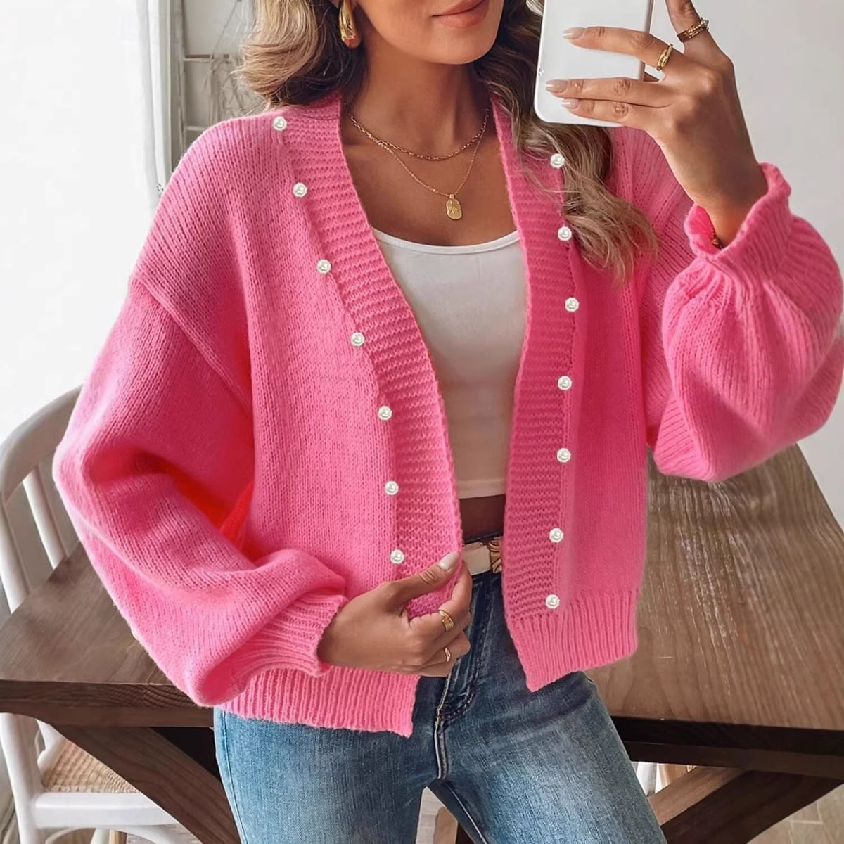 Damen nan Strickcardigan mit Perlenknöpfen und Balloon-Ärmeln Drune