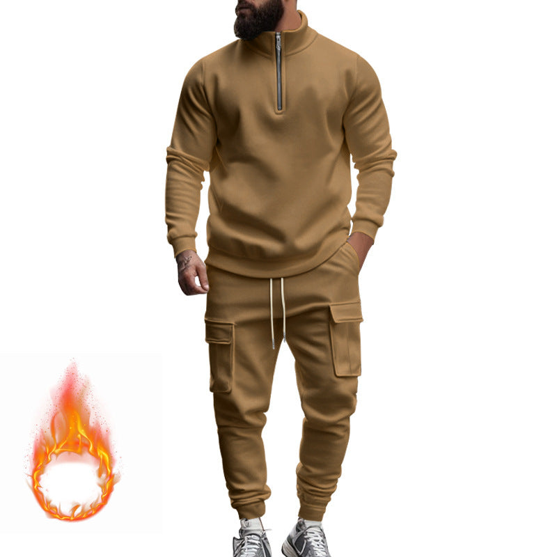 Herren nan Strick-Trainingsset mit halbem Reißverschluss, Zopfmuster-Pulli und Kordelzug-Jogger Drune
