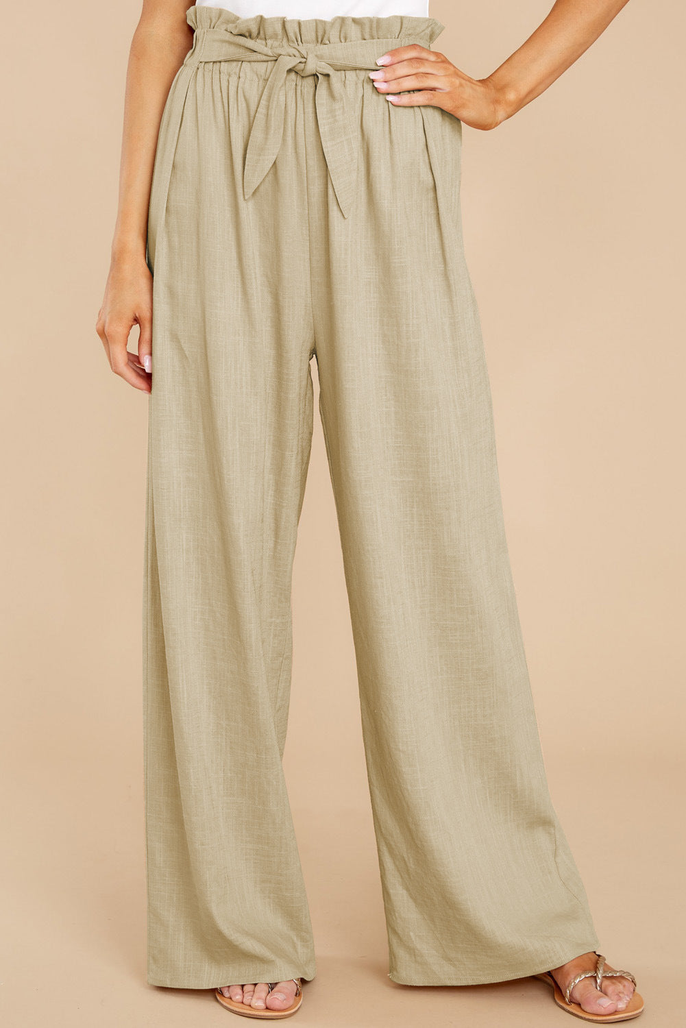 Damen nan Leinenhose mit Paperbag-Bund und weitem Bein Drune