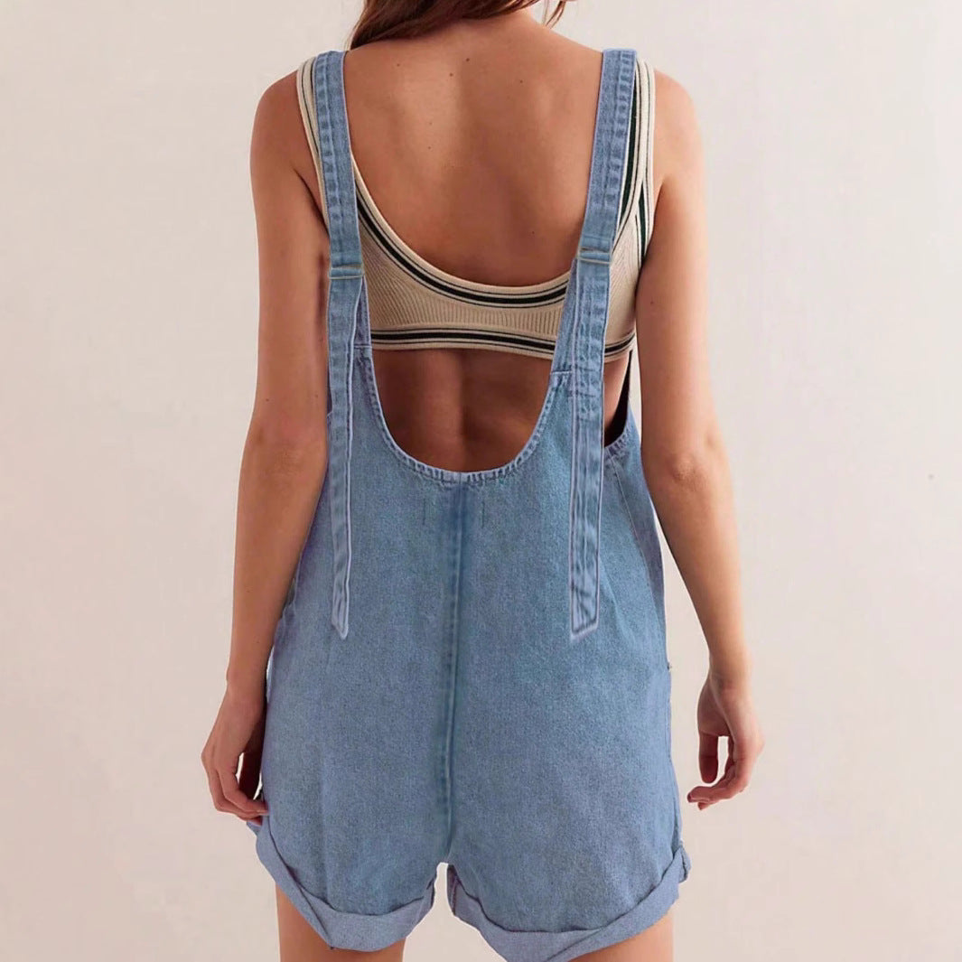 Leni | Damen Jeans-Overall Kurz Ärmellos Weiter Ausschnitt