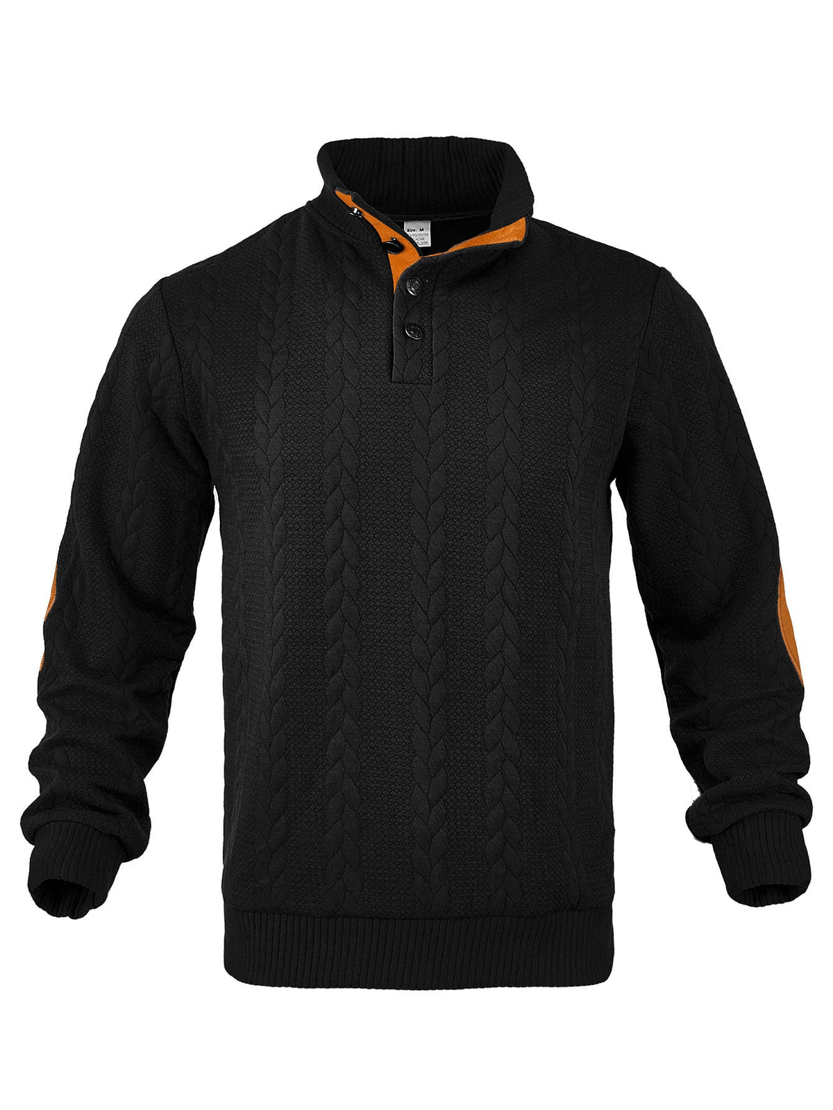 Herren nan Zopfmuster-Pullover mit Stehkragen, halber Knopfleiste und Ellbogenpatches Drune