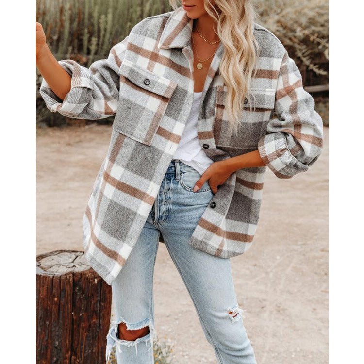 Damen nan karierte Overshirtjacke mit Brusttaschen und lockerer Passform Drune