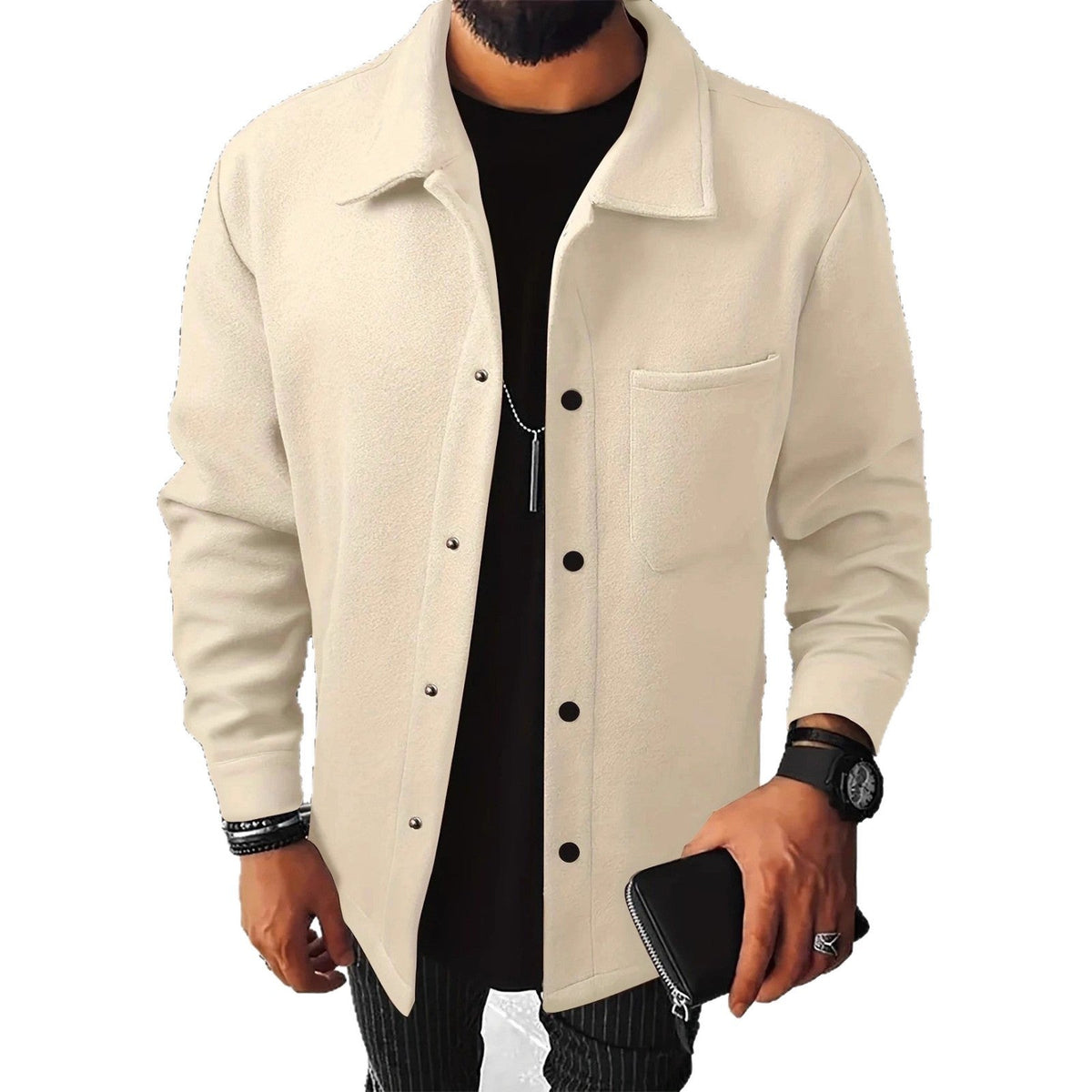 Herren nan minimalistische Hemdjacke aus softem Fleece mit verdeckter Druckknopfleiste und aufgesetzter Brusttasche Drune