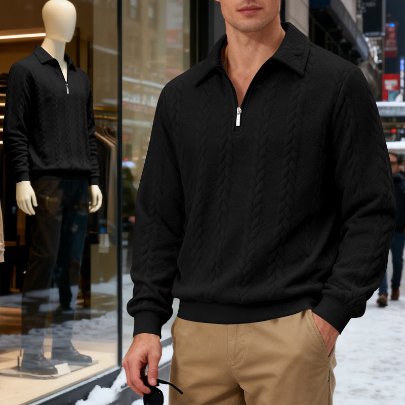 Herren nan strukturierter Strickpullover mit halbem Reißverschluss, Polokragen und Zopfmuster Drune