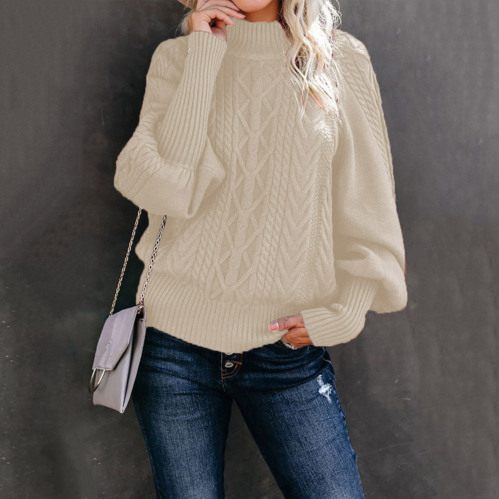Damen nan Zopfmuster-Strickpullover mit Rollkragen und Ballonärmeln Drune