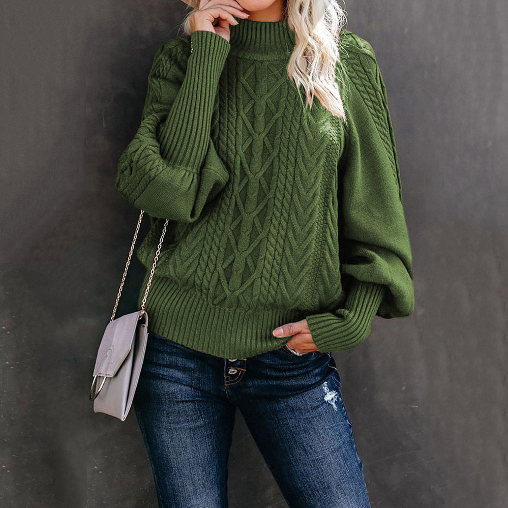 Damen nan Zopfmuster-Strickpullover mit Rollkragen und Ballonärmeln Drune