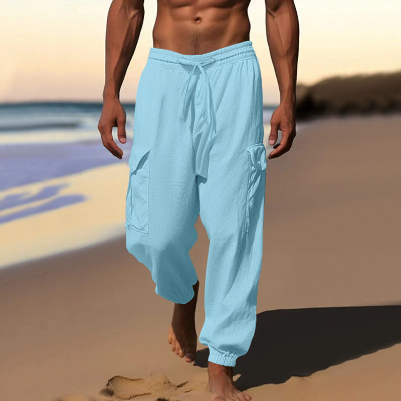 Herren nan luftige Leinen-Mix Strandhose mit Cargo-Taschen und elastischem Saum Drune
