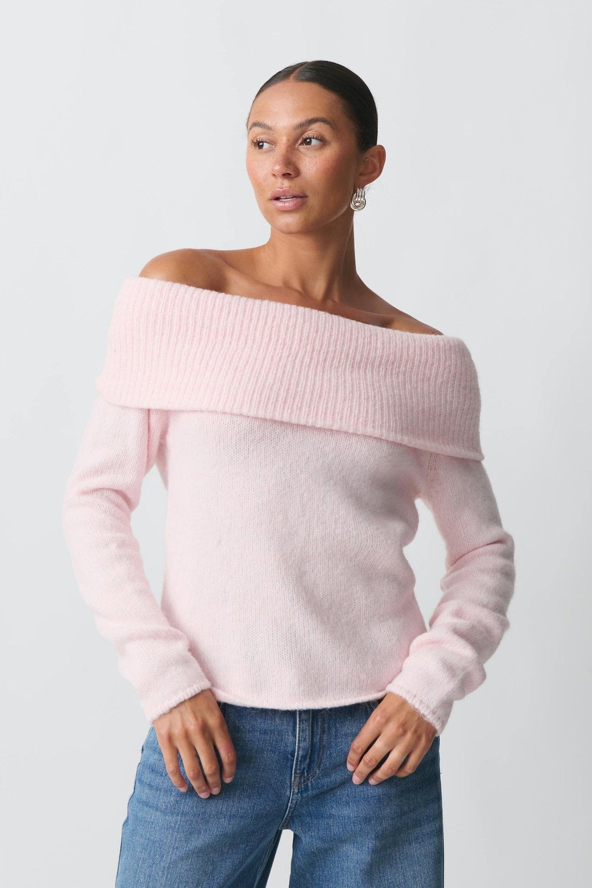 Damen nan Off-Shoulder Grobstrickpullover mit breitem Umschlagkragen und lässiger Oversize-Passform Drune