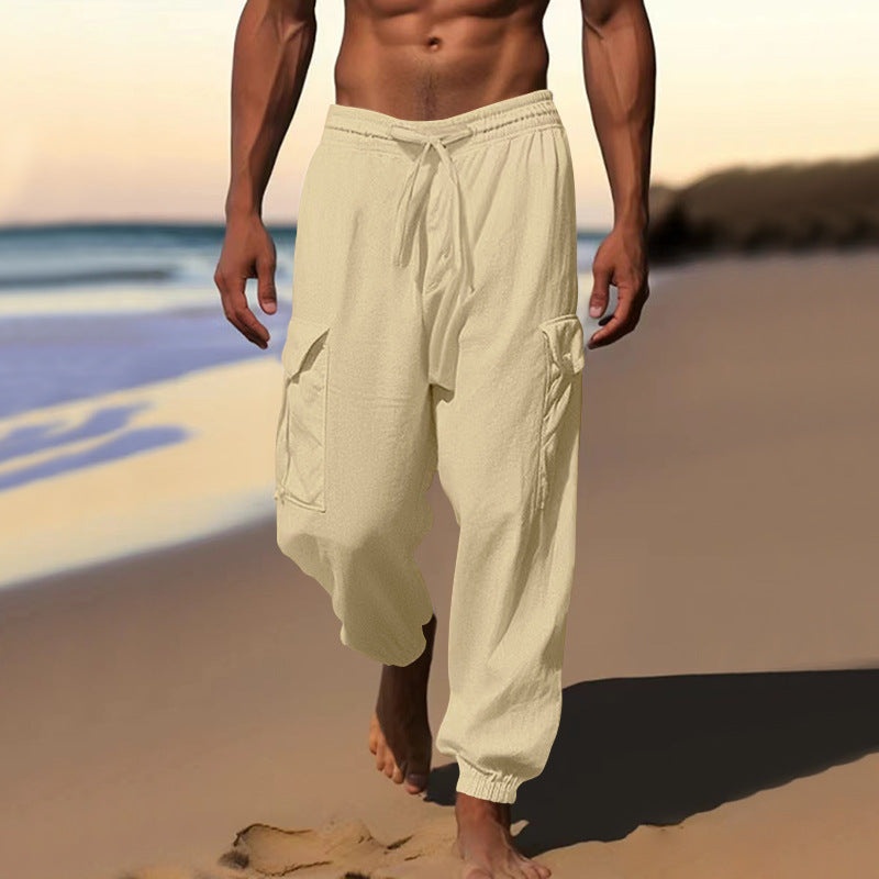 Herren nan luftige Leinen-Mix Strandhose mit Cargo-Taschen und elastischem Saum Drune