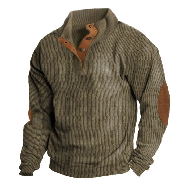 Herren nan rustikaler gerippter Pullover mit Henley-Kragen und lederartigen Ellbogenbesätzen Drune