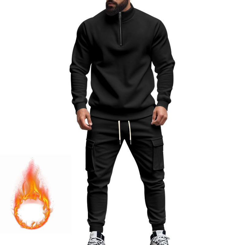 Herren nan Strick-Trainingsset mit halbem Reißverschluss, Zopfmuster-Pulli und Kordelzug-Jogger Drune