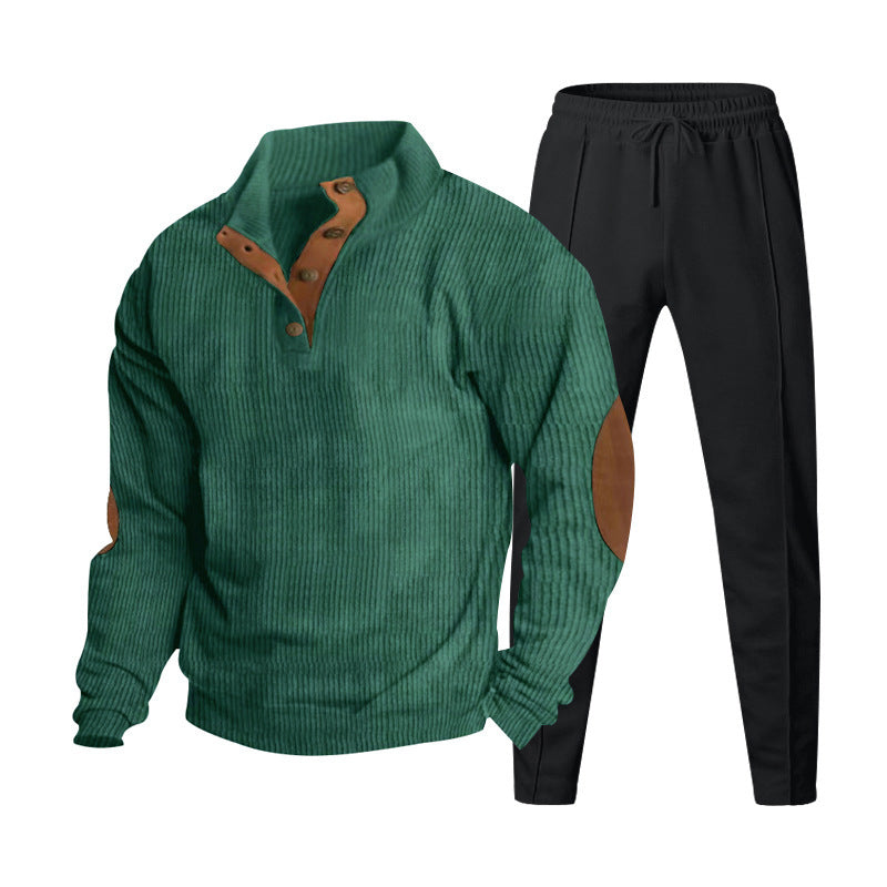 Herren nan strukturiertes Strick-Loungewear-Set mit halber Knopfleiste, kontrastreichen Ellbogenpatches und elastischem Tunnelzug-Jogger Drune