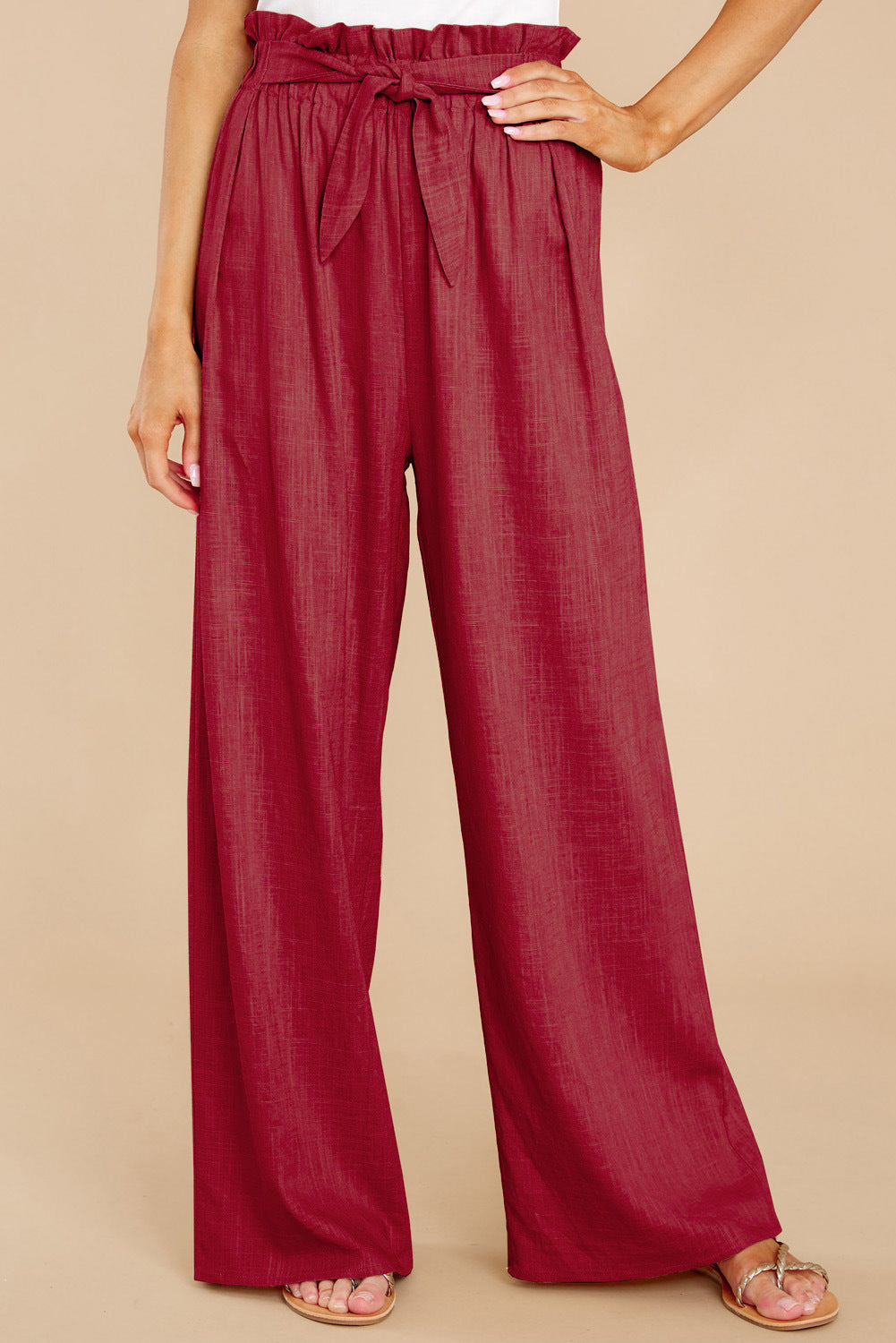Damen nan Leinenhose mit Paperbag-Bund und weitem Bein Drune