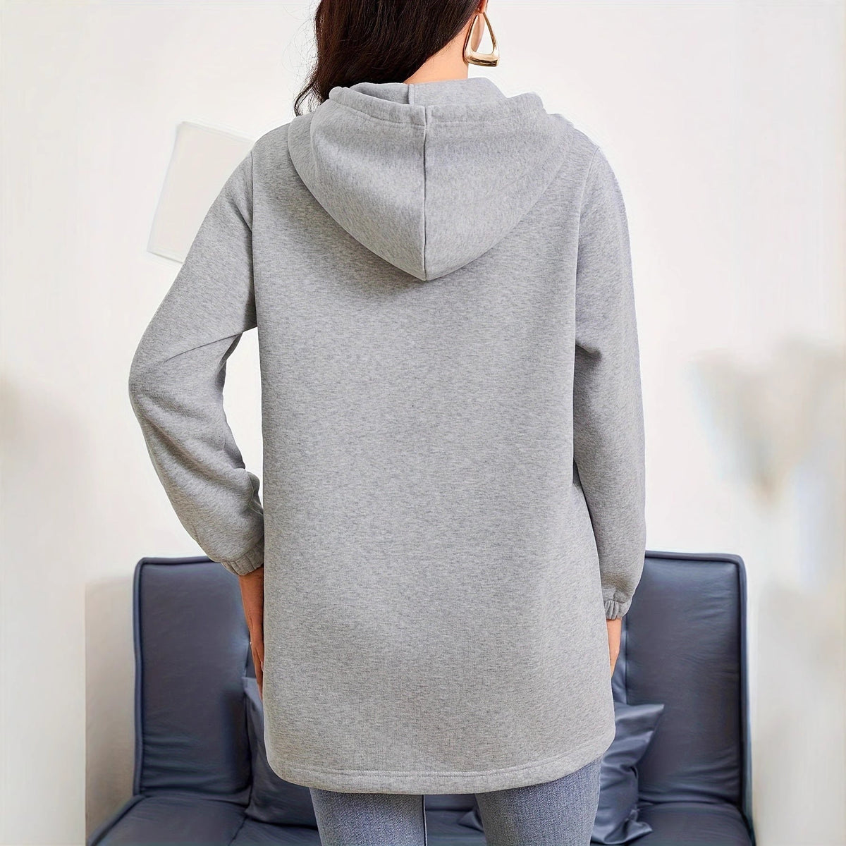 Damen nan Longline-Kapuzenjacke mit durchgehendem Reißverschluss, Kängurutaschen und elastischen Bündchen Drune