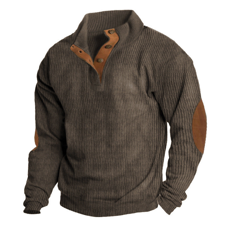 Herren nan rustikaler gerippter Pullover mit Henley-Kragen und lederartigen Ellbogenbesätzen Drune