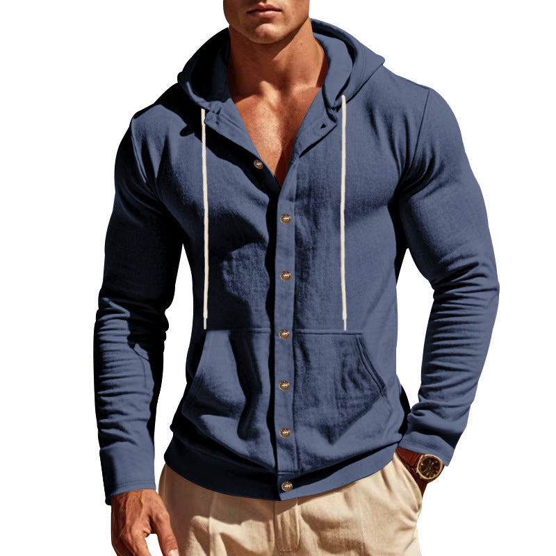 Herren nan figurbetonte Kapuzenhemd-Jacke aus Baumwollmix mit Druckknopfleiste und Kängurutasche Drune