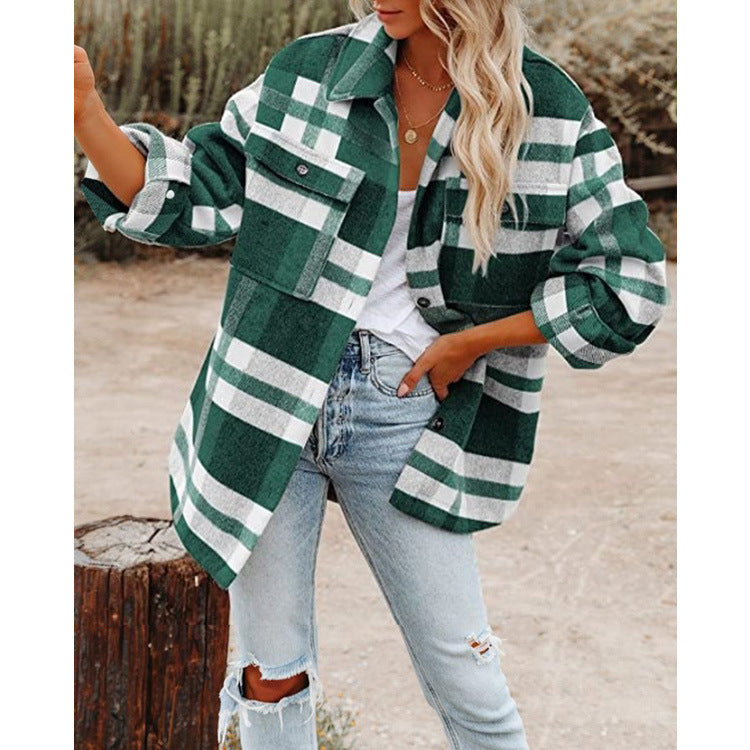 Damen nan karierte Overshirtjacke mit Brusttaschen und lockerer Passform Drune