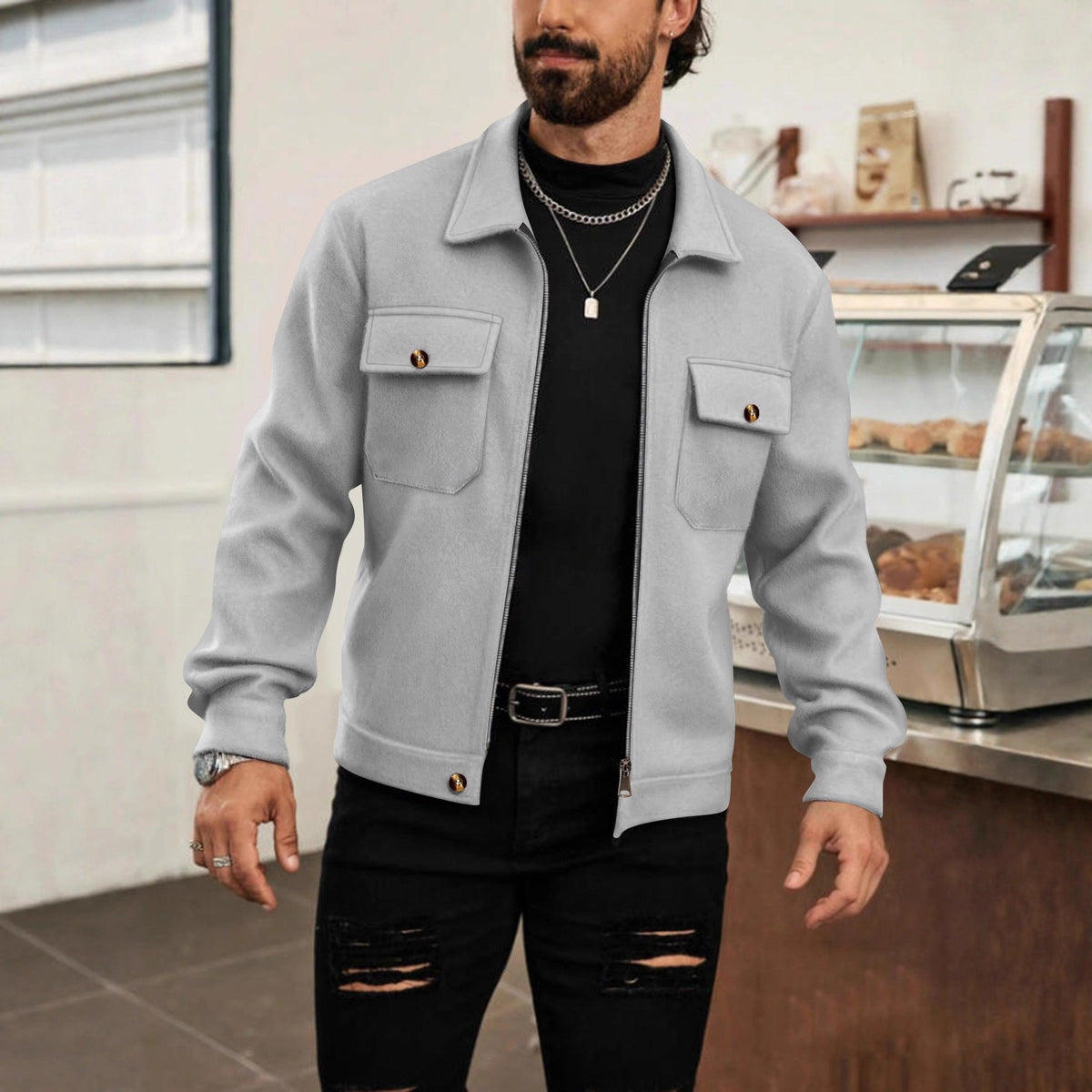Herren nan CPO-inspiriertes Overshirt-Jacke mit aufgesetzten Brusttaschen und Reißverschluss Drune