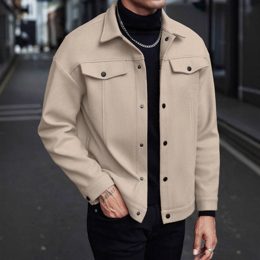 Herren nan Wolloptik-Overshirt Jacke im Shacket-Stil mit Brustklappen und Druckknopfleiste Drune
