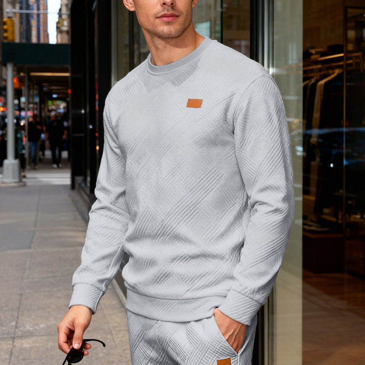 Herren nan strukturierter Baumwollstrickpullover mit Rautenstruktur, Rundhalsausschnitt und elastischen Bündchen Drune