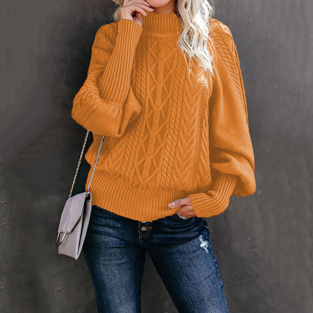 Damen nan Zopfmuster-Strickpullover mit Rollkragen und Ballonärmeln Drune