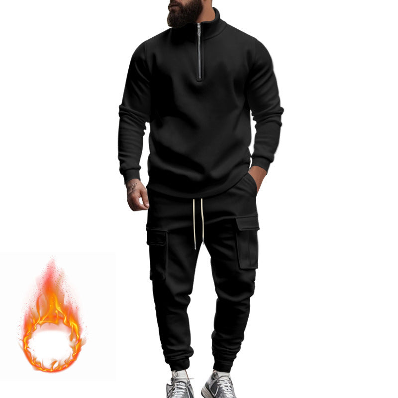 Herren nan Strick-Trainingsset mit halbem Reißverschluss, Zopfmuster-Pulli und Kordelzug-Jogger Drune