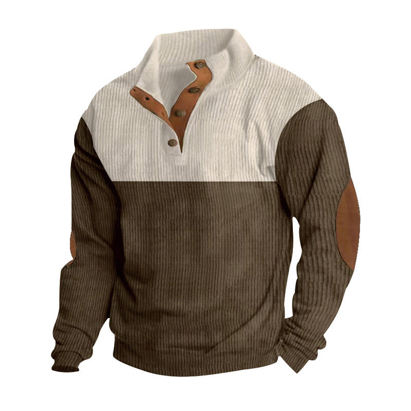 Herren nan rustikaler gerippter Pullover mit Henley-Kragen und lederartigen Ellbogenbesätzen Drune