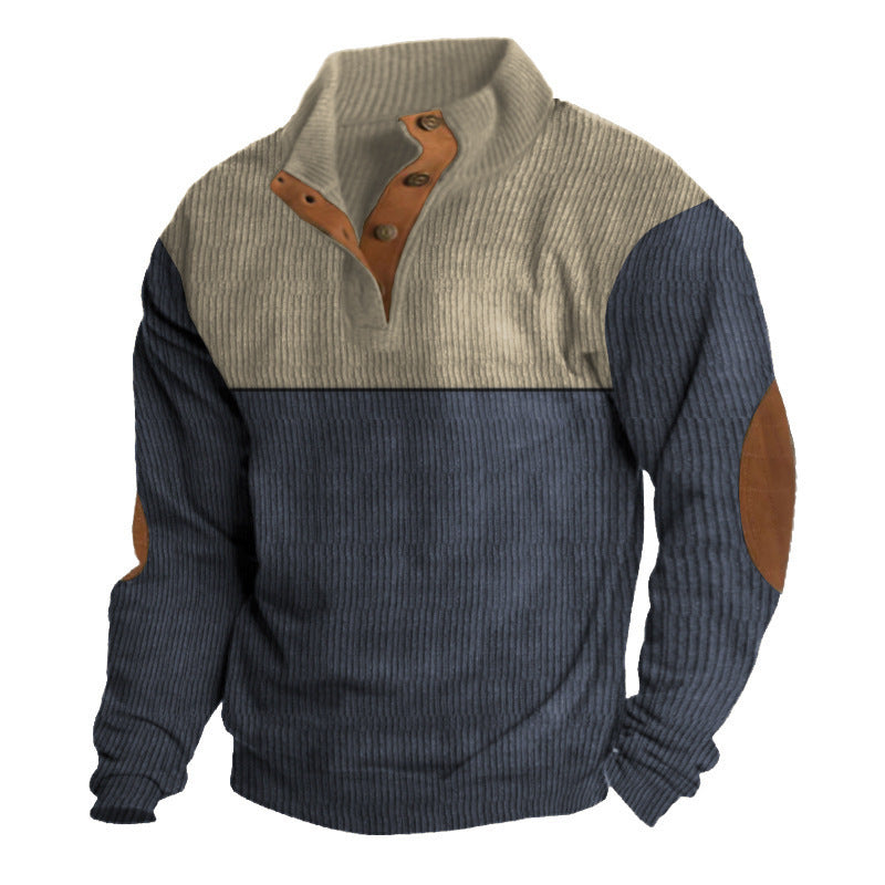 Herren nan strukturiertes Rugby-Pullover mit Stehkragen, Knopfleiste und Leder-Ellenbogenpatches Drune