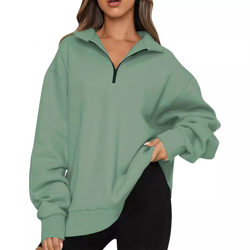 Damen nan Oversized Sweatshirt mit Kurzreißverschluss, Stehkragen und Kängurutasche Drune
