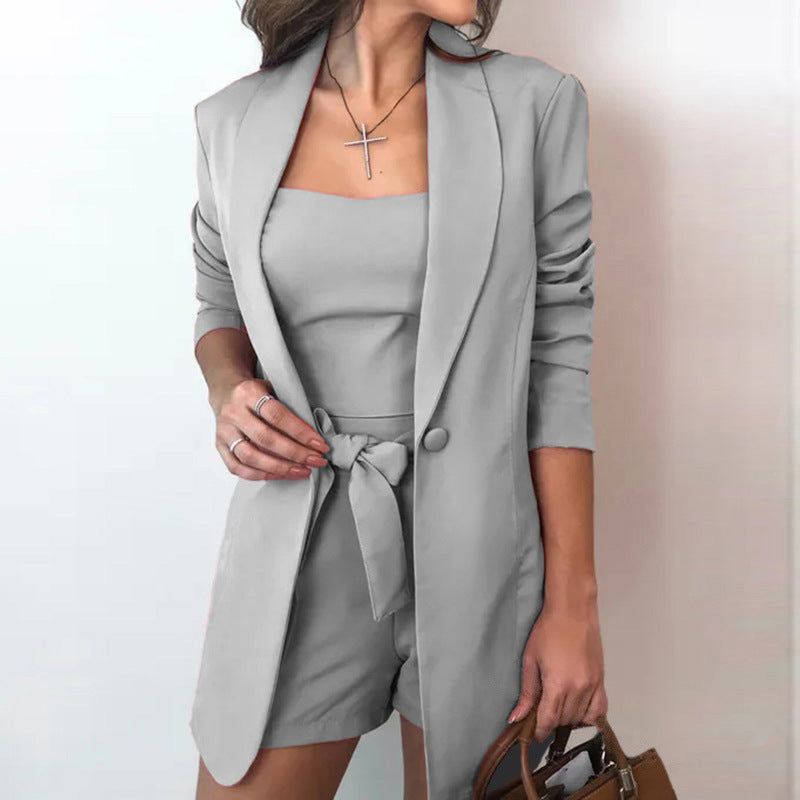 Damen nan tailliertes Blazer-Shorts Set mit Bandeau Top und Bindegürtel Drune