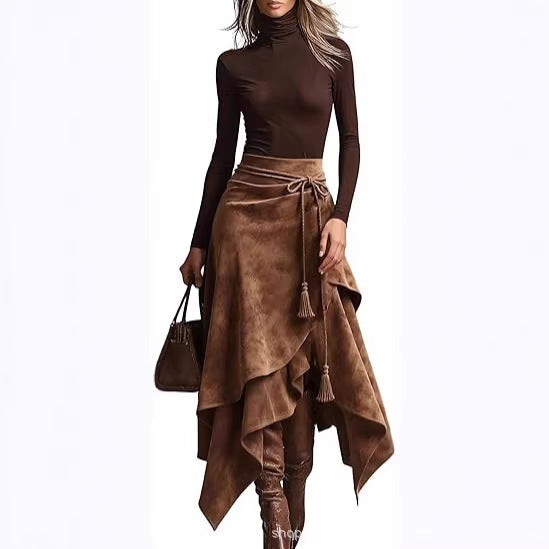 Damen asymmetrischer Wickelrock mit dekorativen Quasten Drune