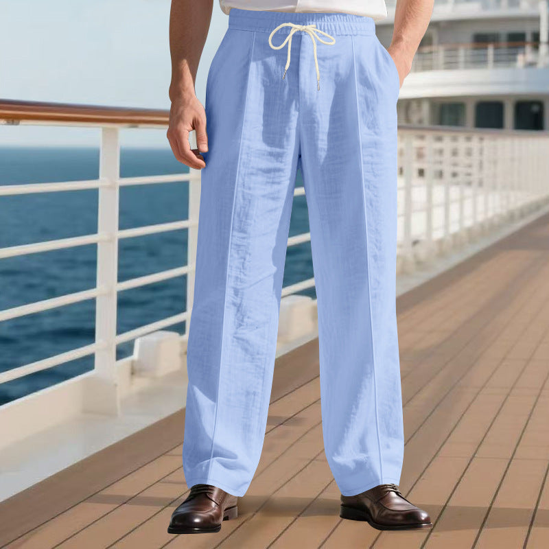 Herren nan elegante Leinenhose mit Bügelfalte Tunnelzugbund und weitem Bein Drune