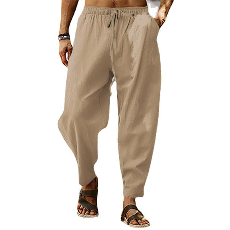 Herren nan entspannte Harem-Loungehose aus Leinenmix mit weitem Bein, elastischem Bund, Kordelzug und seitlichen Eingrifftaschen Drune