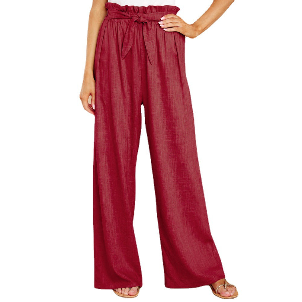 Damen nan Leinenhose mit Paperbag-Bund und weitem Bein Drune