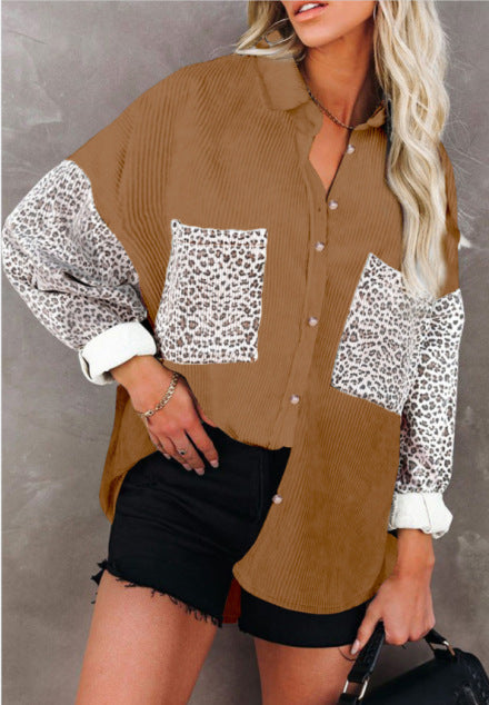 Damen nan oversized Hemdbluse mit Strukturstoff, Kontrastärmeln im Leo-Print und aufgesetzten Taschen Drune