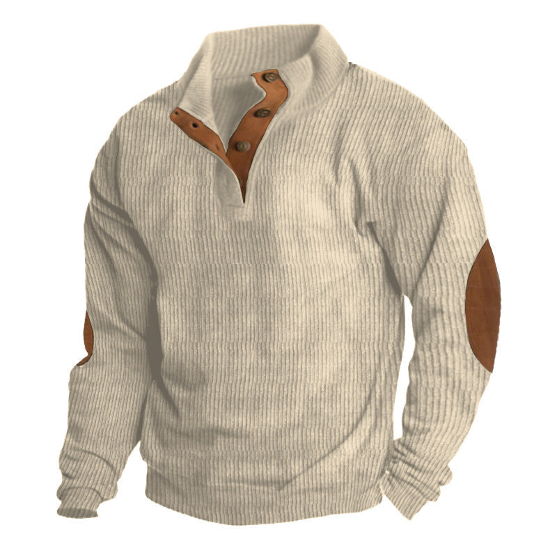 Herren nan rustikaler gerippter Pullover mit Henley-Kragen und lederartigen Ellbogenbesätzen Drune