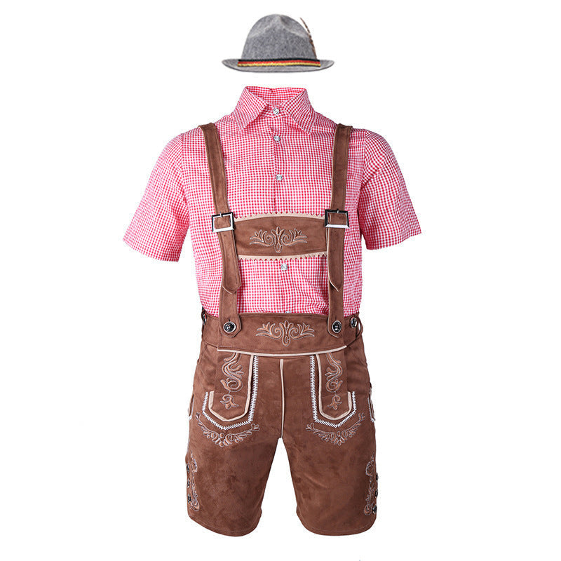 Herren nan traditionelle Trachtenlederhose mit bestickten Hosenträgern, kariertem Trachtenhemd und Filzhut Drune
