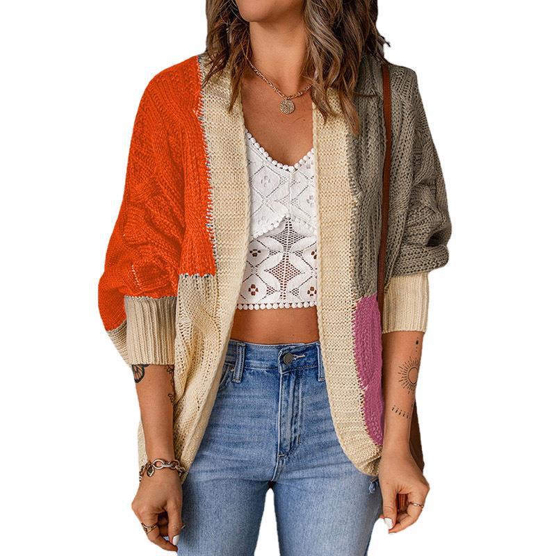 Damen nan lässige Strickjacke im Patchwork-Stil mit offener Front und 3/4-Ärmeln Drune
