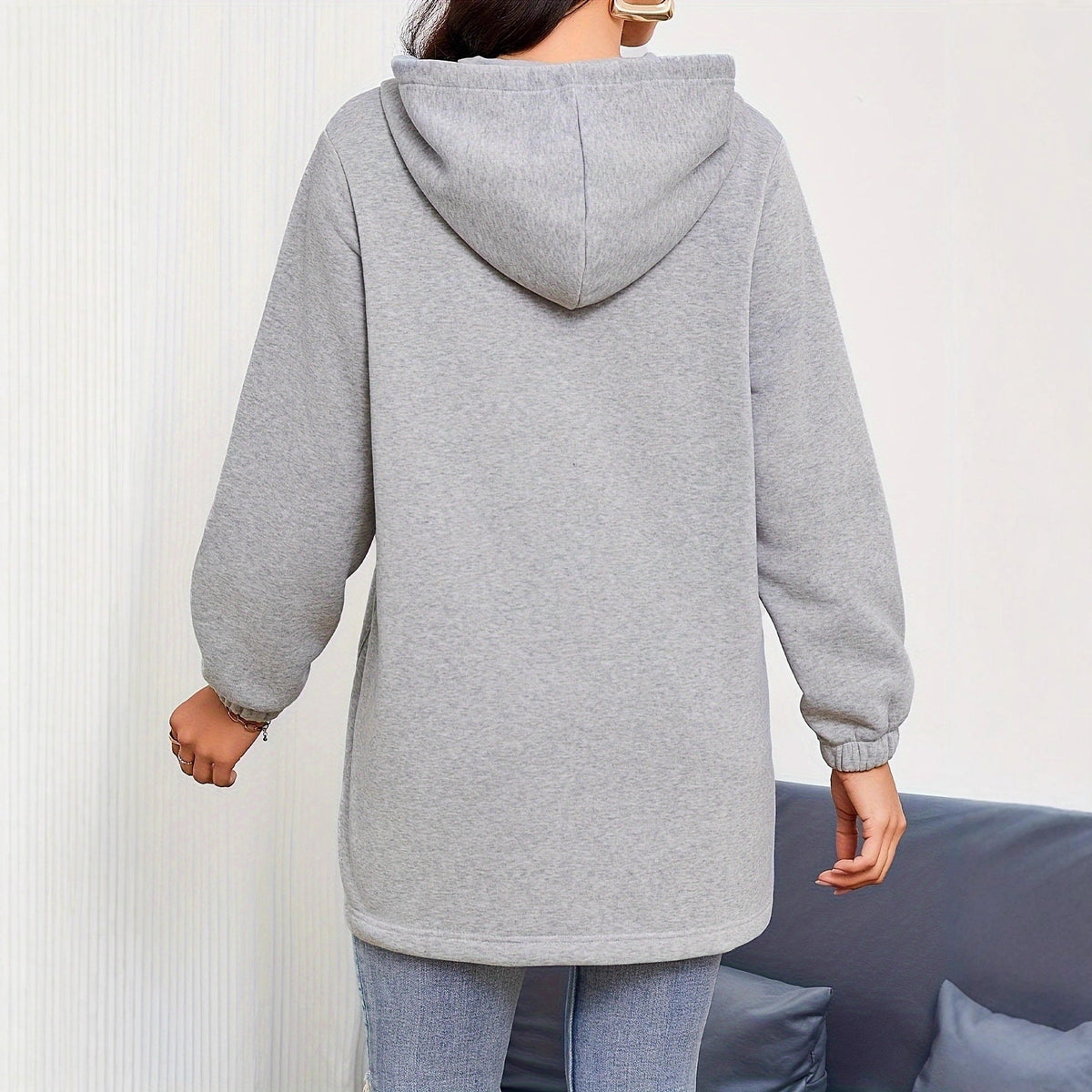 Damen nan Longline-Kapuzenjacke mit durchgehendem Reißverschluss, Kängurutaschen und elastischen Bündchen Drune