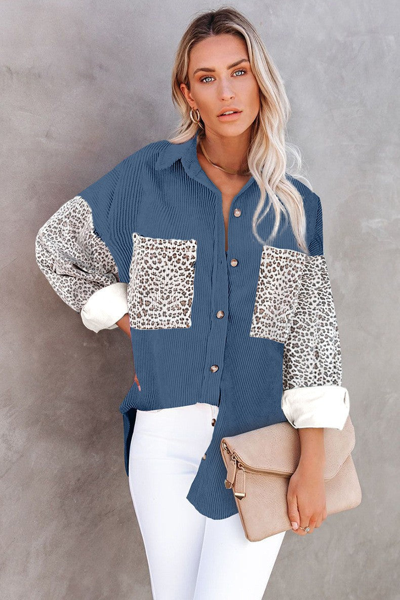 Damen nan oversized Hemdbluse mit Strukturstoff, Kontrastärmeln im Leo-Print und aufgesetzten Taschen Drune