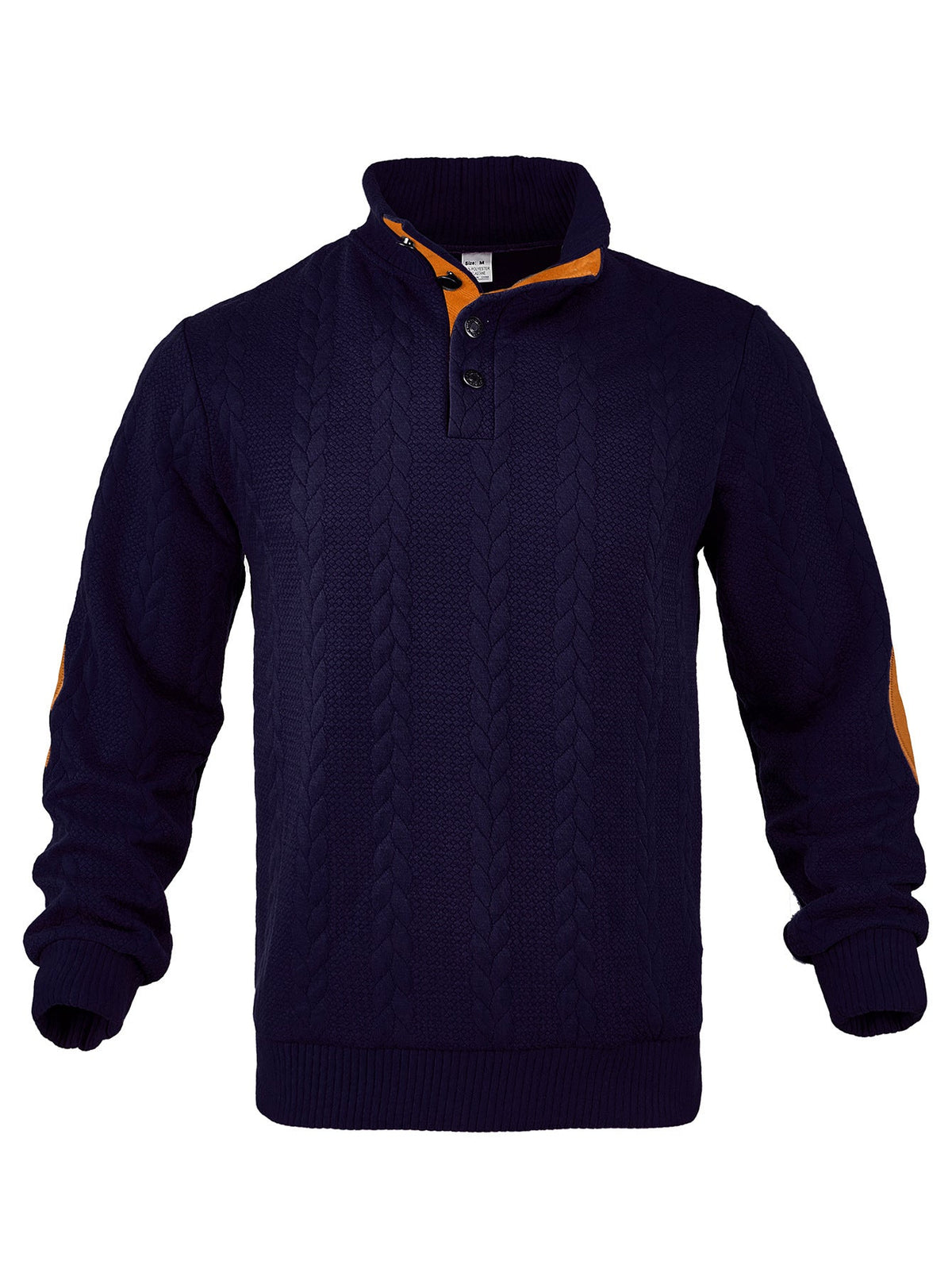Herren nan Zopfmuster-Pullover mit Stehkragen, halber Knopfleiste und Ellbogenpatches Drune