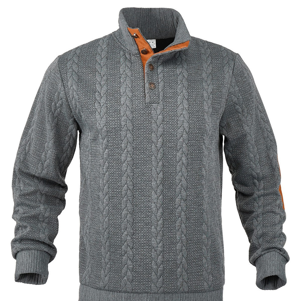 Herren nan Zopfmuster-Pullover mit Stehkragen, halber Knopfleiste und Ellbogenpatches Drune