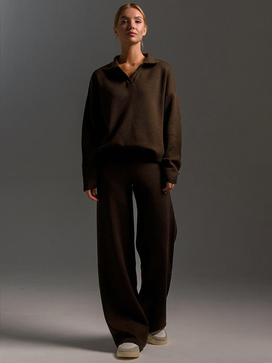 Damen Lounge Set mit Weitbein Hose und Polo Pullover