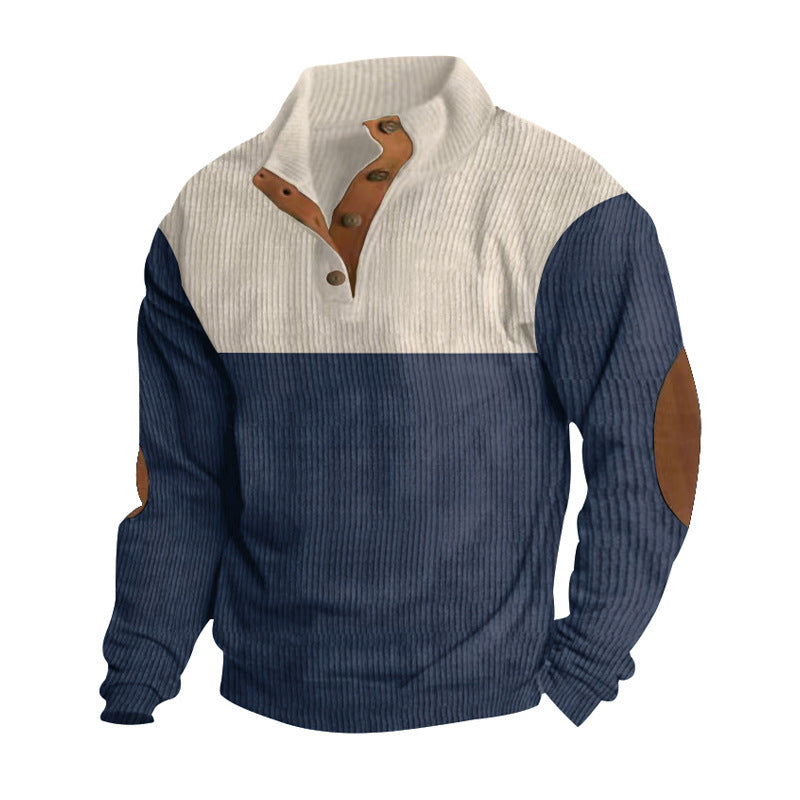 Herren nan strukturiertes Rugby-Pullover mit Stehkragen, Knopfleiste und Leder-Ellenbogenpatches Drune