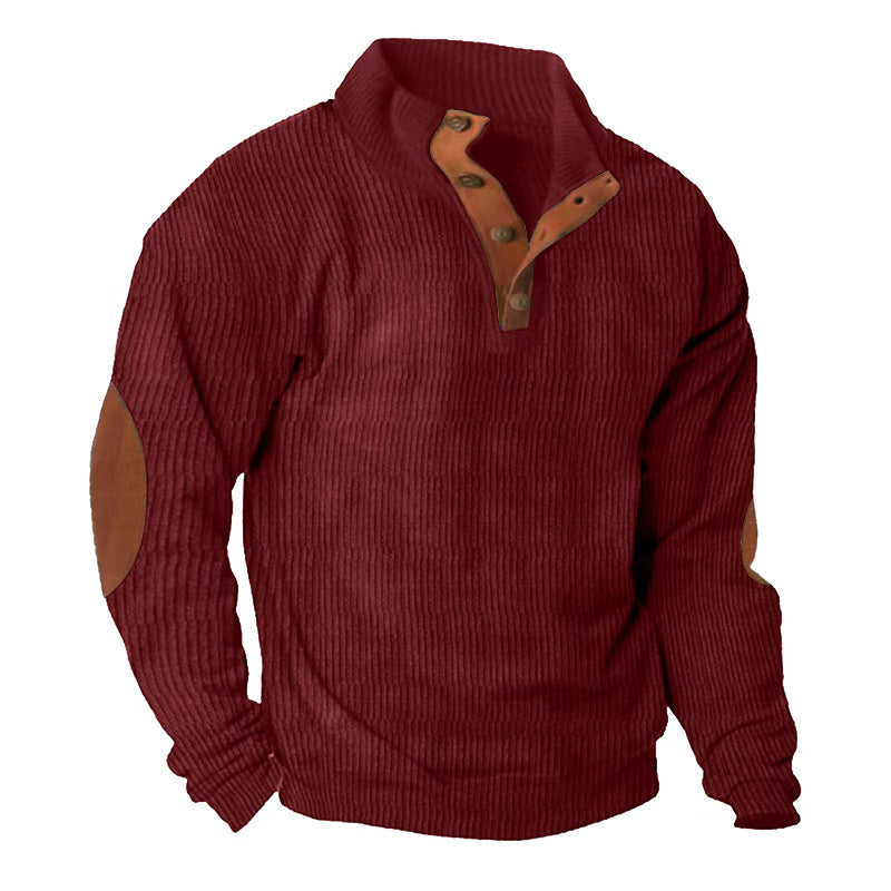 Herren nan rustikaler gerippter Pullover mit Henley-Kragen und lederartigen Ellbogenbesätzen Drune